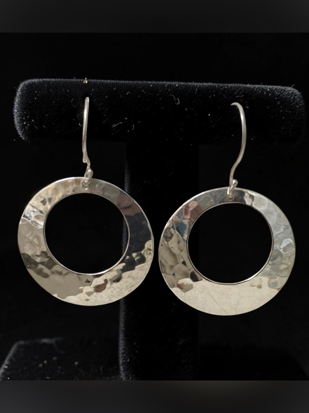 Large Hammered 925 Sterling Silver Open Circle Drop Earrings